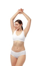 Photo of Beautiful woman in underwear on white background