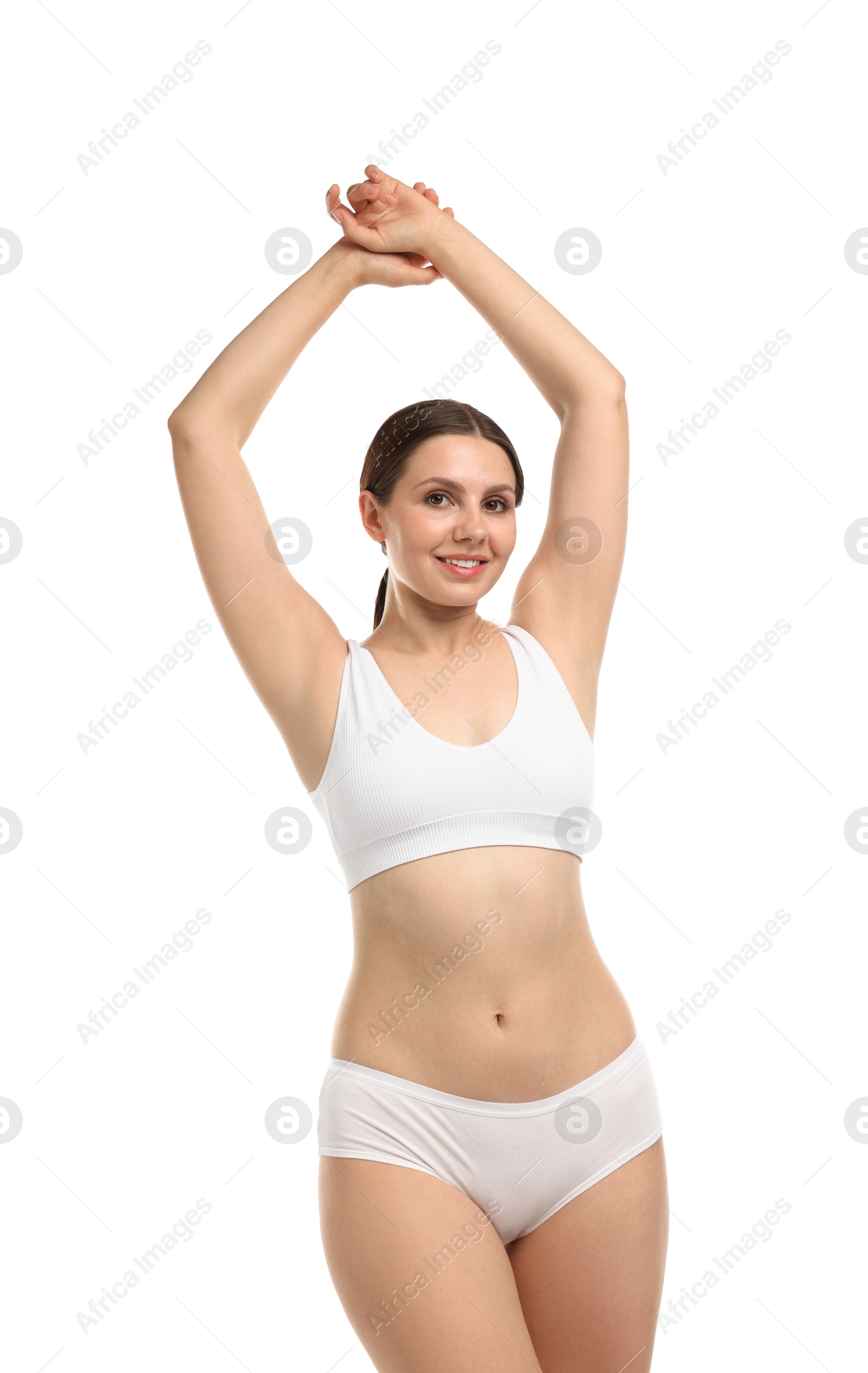 Beautiful woman in underwear on white background Photo of Beautiful woman in underwear on white background