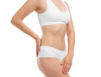 Photo of Woman in underwear on white background, closeup