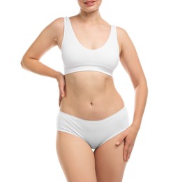 Photo of Woman in underwear on white background, closeup