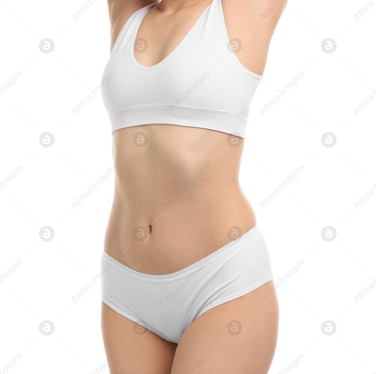 Woman in underwear on white background, closeup Photo of Woman in underwear on white background, closeup