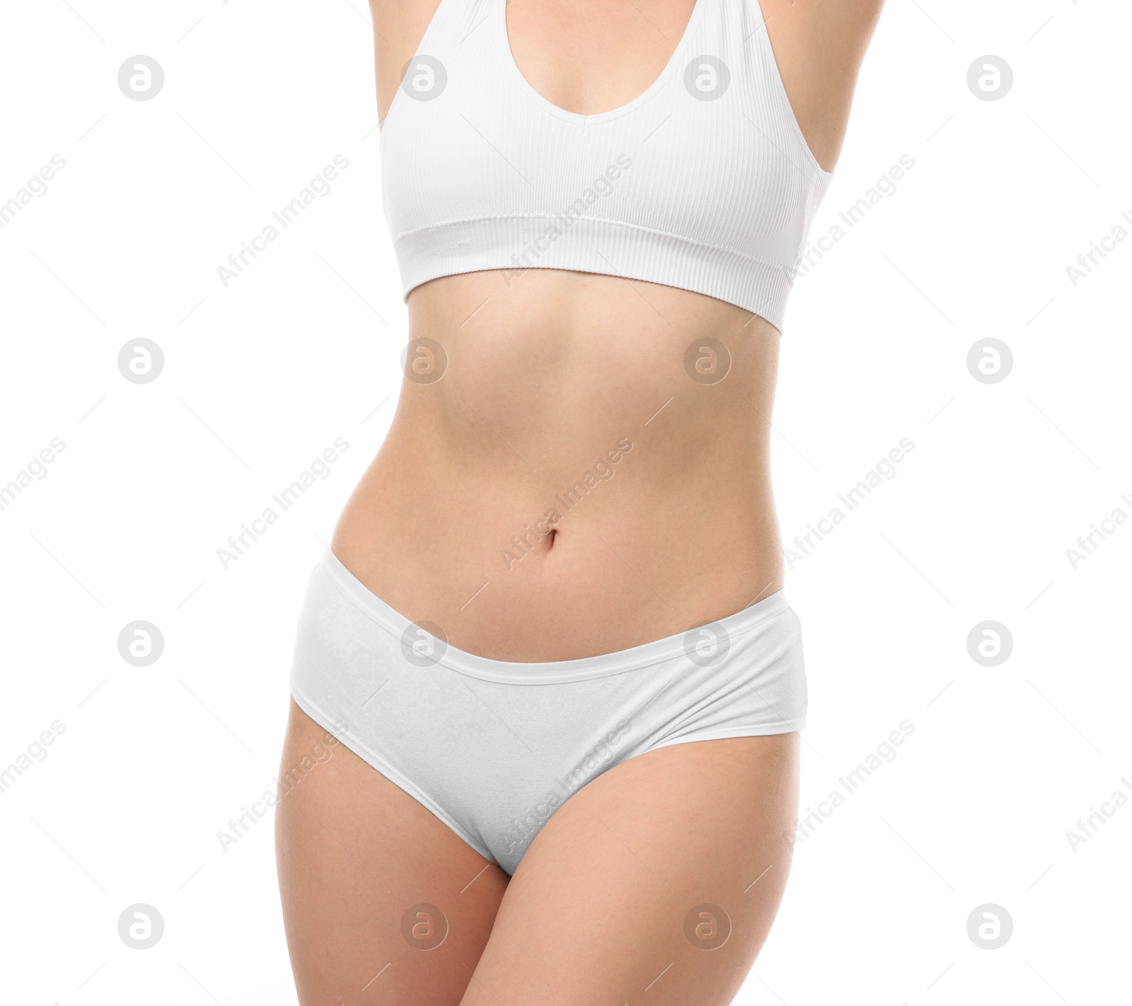 Woman in underwear on white background, closeup Photo of Woman in underwear on white background, closeup
