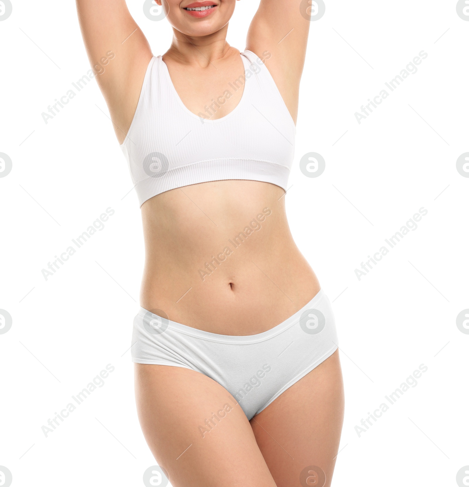 Woman in underwear on white background, closeup Photo of Woman in underwear on white background, closeup