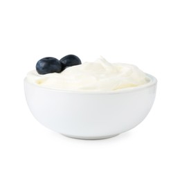 Photo of Delicious yogurt with blueberries in bowl isolated on white