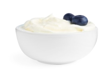 Photo of Delicious yogurt with blueberries in bowl isolated on white