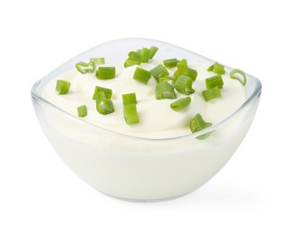 Photo of Delicious yogurt with green onions in bowl isolated on white