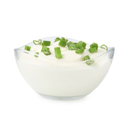 Photo of Delicious yogurt with green onions in bowl isolated on white