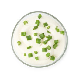 Photo of Delicious yogurt with green onions in bowl isolated on white, top view