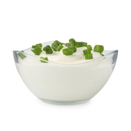 Photo of Delicious yogurt with green onions in bowl isolated on white