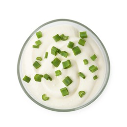 Photo of Delicious yogurt with green onions in bowl isolated on white, top view