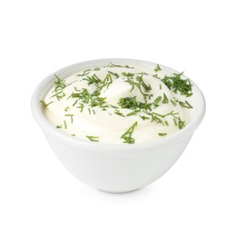 Photo of Delicious yogurt with dill in bowl isolated on white
