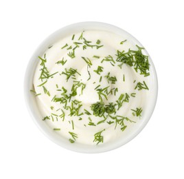 Photo of Delicious yogurt with dill in bowl isolated on white, top view