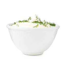 Photo of Delicious yogurt with dill in bowl isolated on white