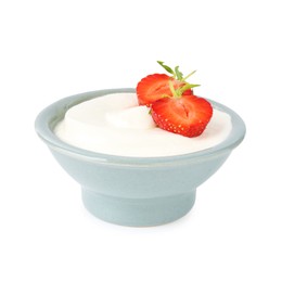 Photo of Delicious yogurt in bowl and strawberry isolated on white