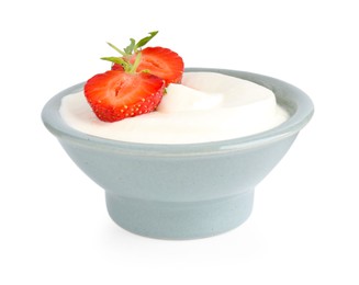 Photo of Delicious yogurt in bowl and strawberry isolated on white