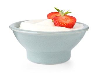 Photo of Delicious yogurt in bowl and strawberry isolated on white