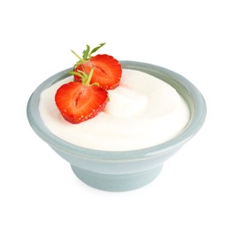 Photo of Delicious yogurt in bowl and strawberry isolated on white