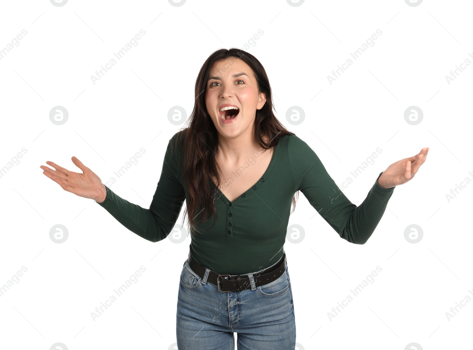 Portrait of surprised woman on white background Photo of Portrait of surprised woman on white background