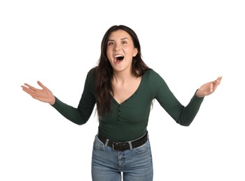 Photo of Portrait of surprised woman on white background