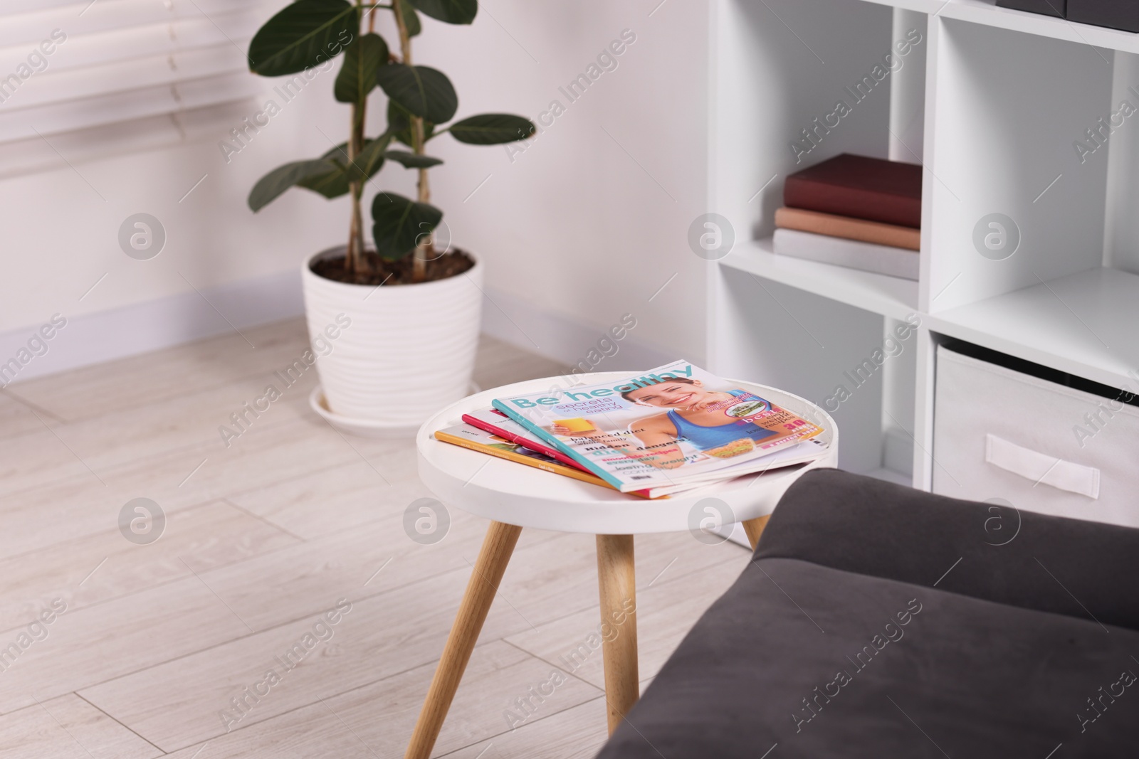 Different trendy magazines on white table indoors Photo of Different trendy magazines on white table indoors
