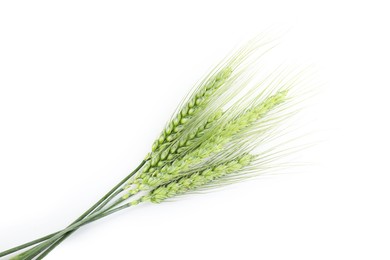 Photo of Many green wheat spikes isolated on white, top view