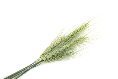 Photo of Many green wheat spikes isolated on white