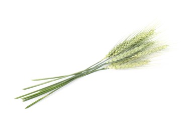 Photo of Many green wheat spikes isolated on white, top view