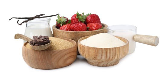 Photo of Different ingredients for panna cotta. Milk, sugar, vanilla, chocolate and strawberries isolated on white