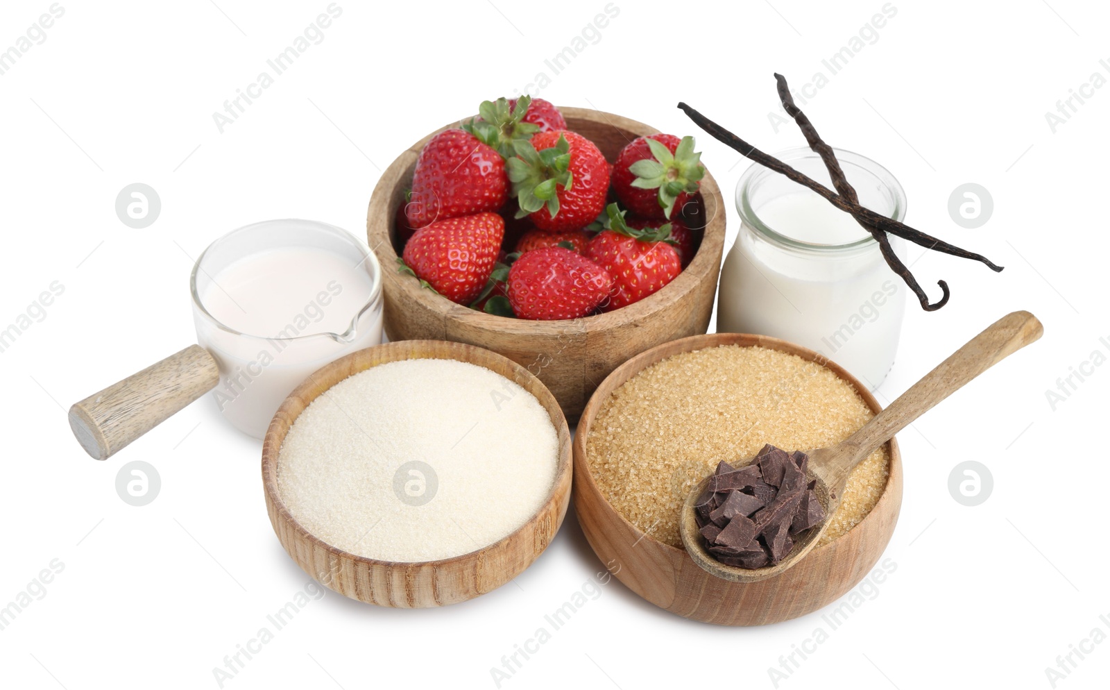 Different ingredients for panna cotta. Milk, sugar, vanilla, chocolate and strawberries isolated on white Photo of Different ingredients for panna cotta. Milk, sugar, vanilla, chocolate and strawberries isolated on white