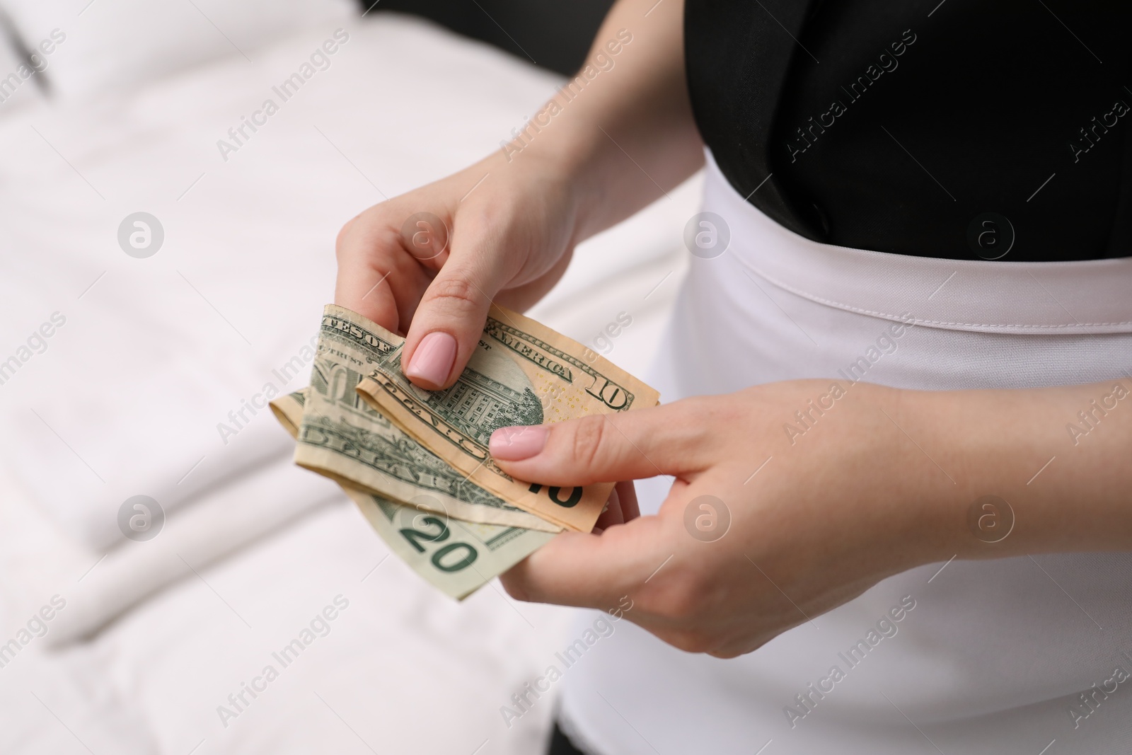 Photo of Chambermaid with tips indoors, closeup. Gratuity for work