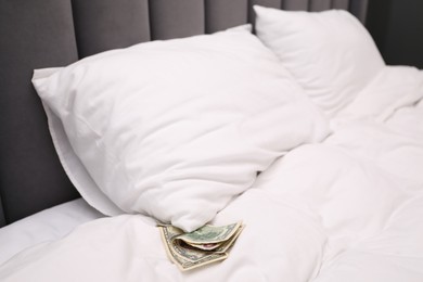 Photo of Tips under pillow on bed in hotel, closeup. Gratuity for work