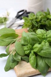 Photo of Different fresh green herbs and scissors on light table, closeup