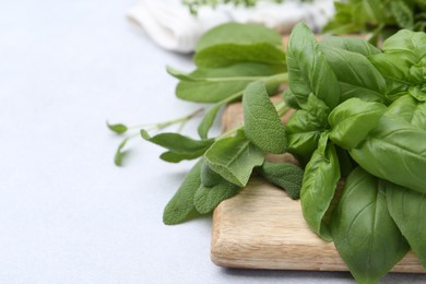 Photo of Different fresh green herbs on light table, closeup. Space for text