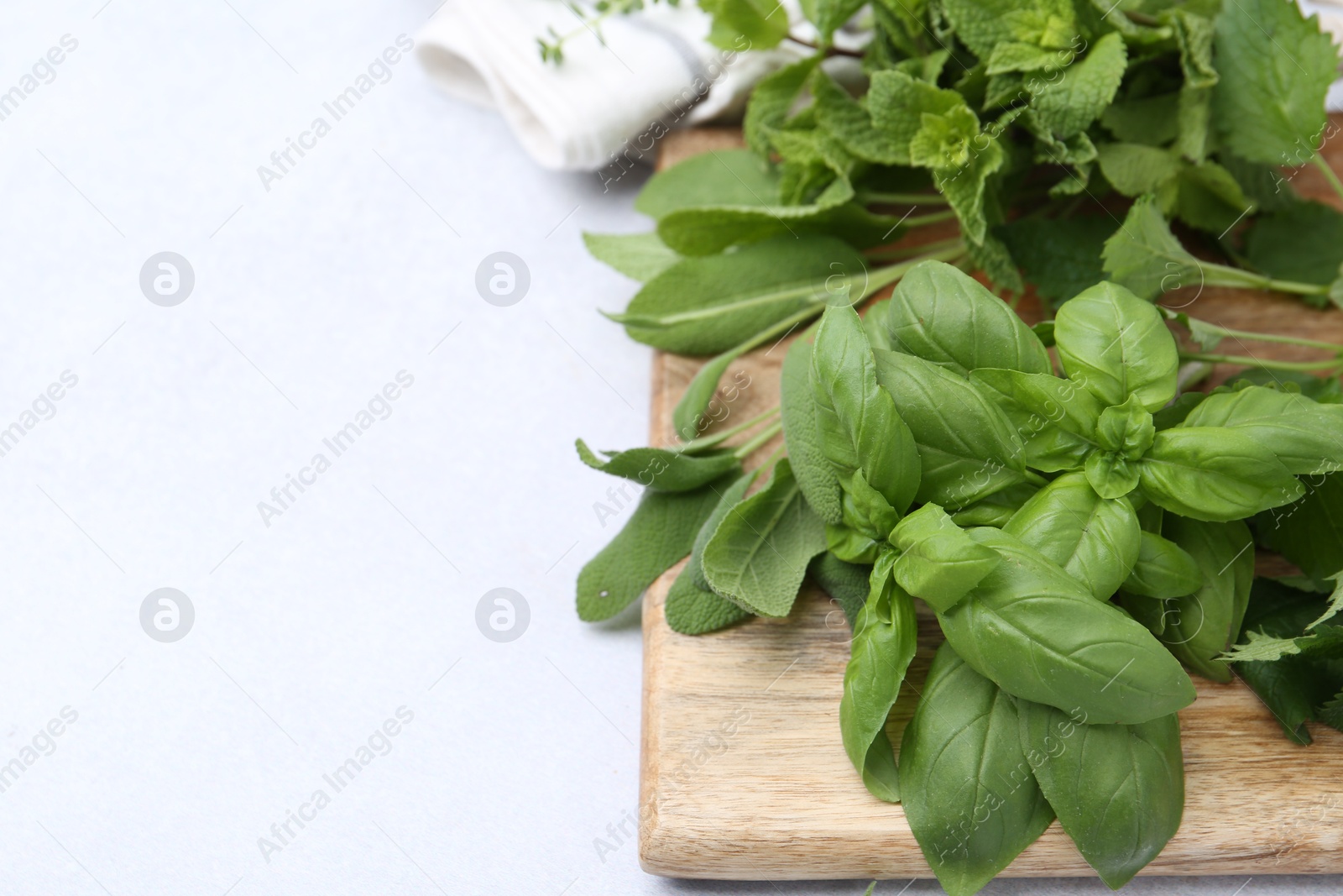 Different fresh green herbs on light table, closeup. Space for text Photo of Different fresh green herbs on light table, closeup. Space for text