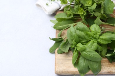 Photo of Different fresh green herbs on light table, closeup. Space for text