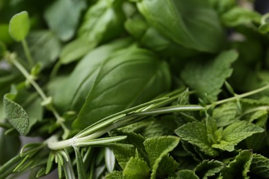 Photo of Different fresh green herbs as background, closeup