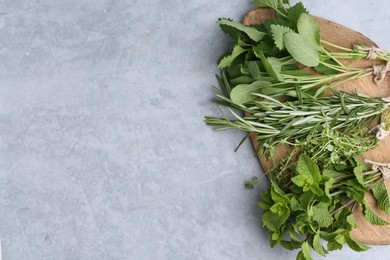 Photo of Different fresh green herbs on grey table, above view. Space for text