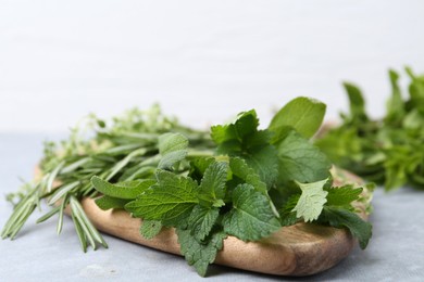 Photo of Different fresh green herbs on grey table, closeup