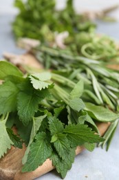 Photo of Different fresh green herbs on grey table, closeup