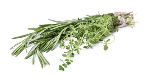 Photo of Different fresh green herbs isolated on white