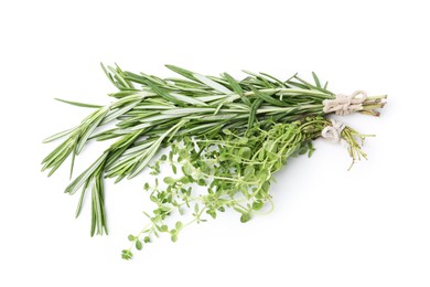 Photo of Different fresh green herbs isolated on white, top view