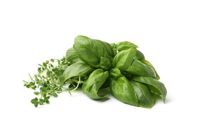 Photo of Different fresh green herbs isolated on white