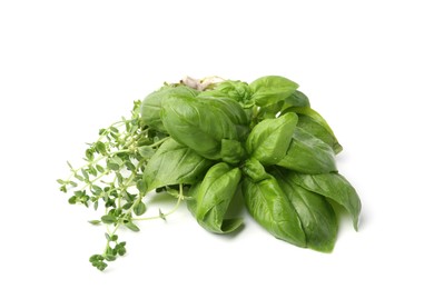 Photo of Different fresh green herbs isolated on white