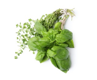 Photo of Different fresh green herbs isolated on white, above view