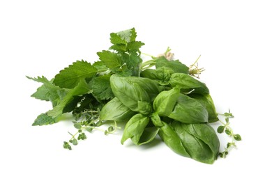 Photo of Different fresh green herbs isolated on white