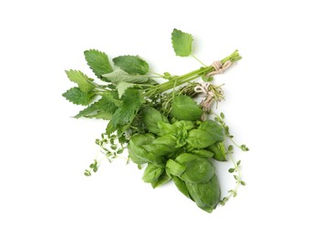 Photo of Different fresh green herbs isolated on white, top view