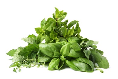 Photo of Different fresh green herbs isolated on white