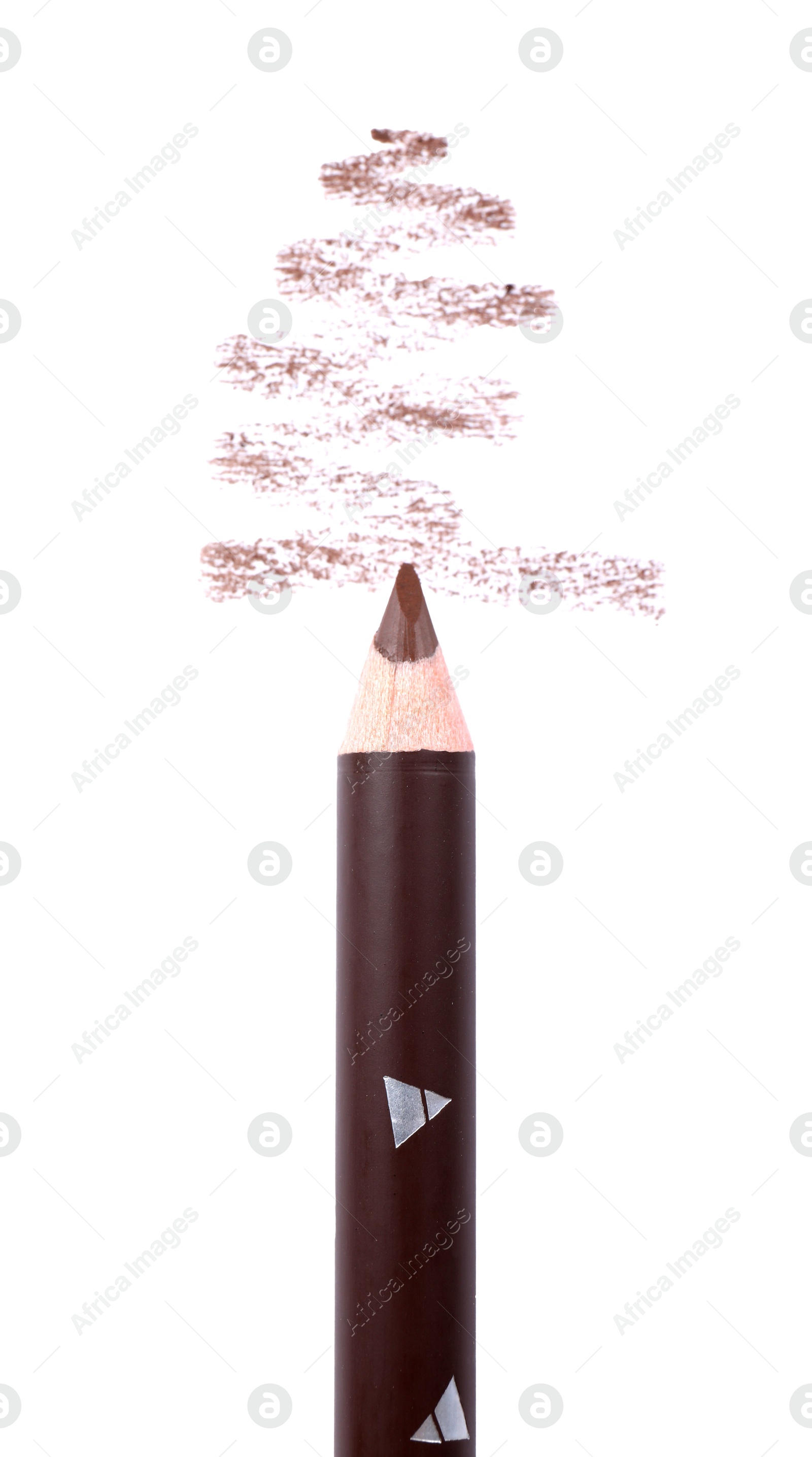 Brown eyebrow pencil and strokes isolated on white, top view Photo of Brown eyebrow pencil and strokes isolated on white, top view