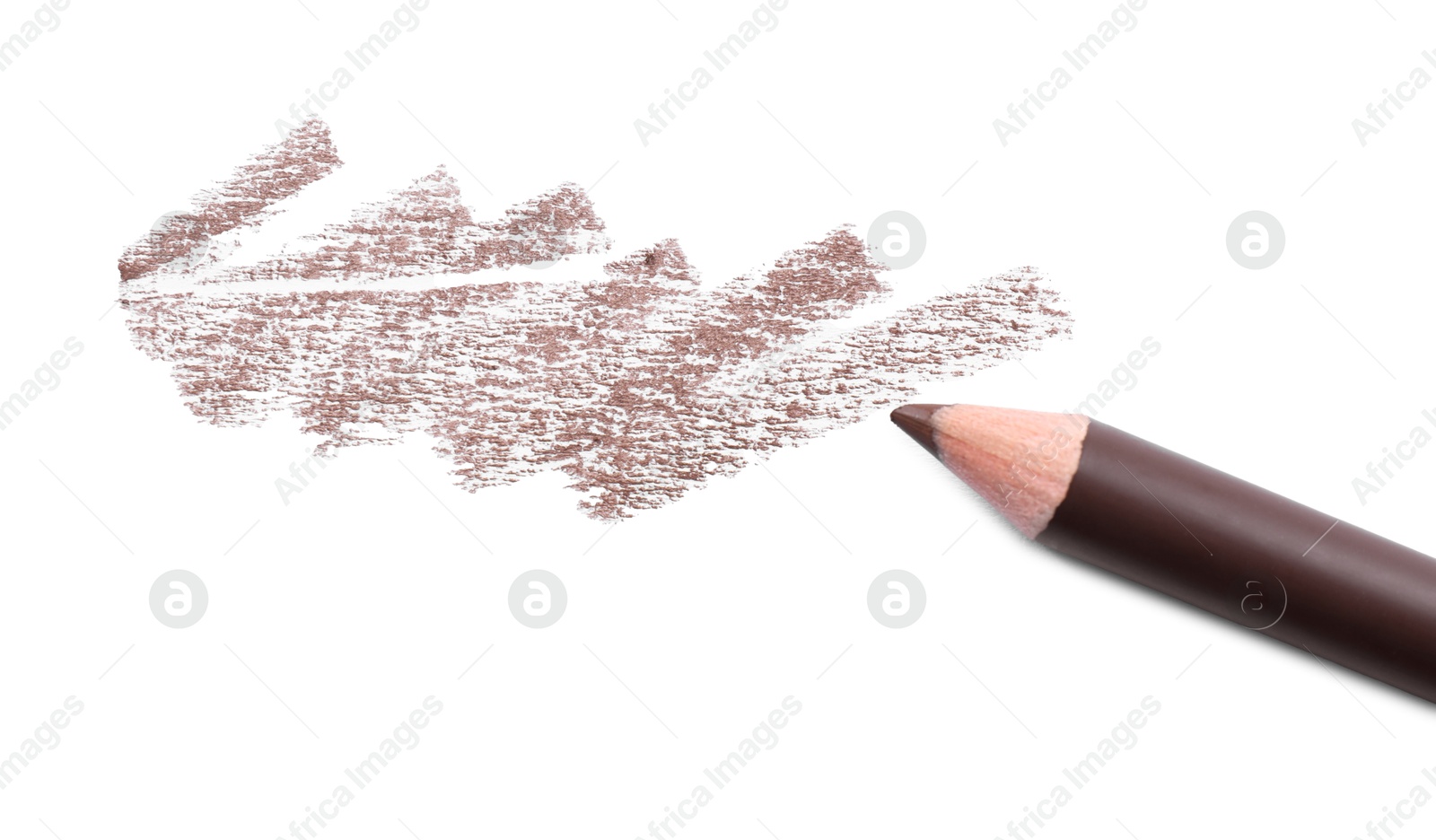 Brown eyebrow pencil and strokes isolated on white, above view Photo of Brown eyebrow pencil and strokes isolated on white, above view