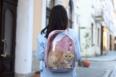 Photo of Woman with her cute cat in backpack carrier on city street, back view